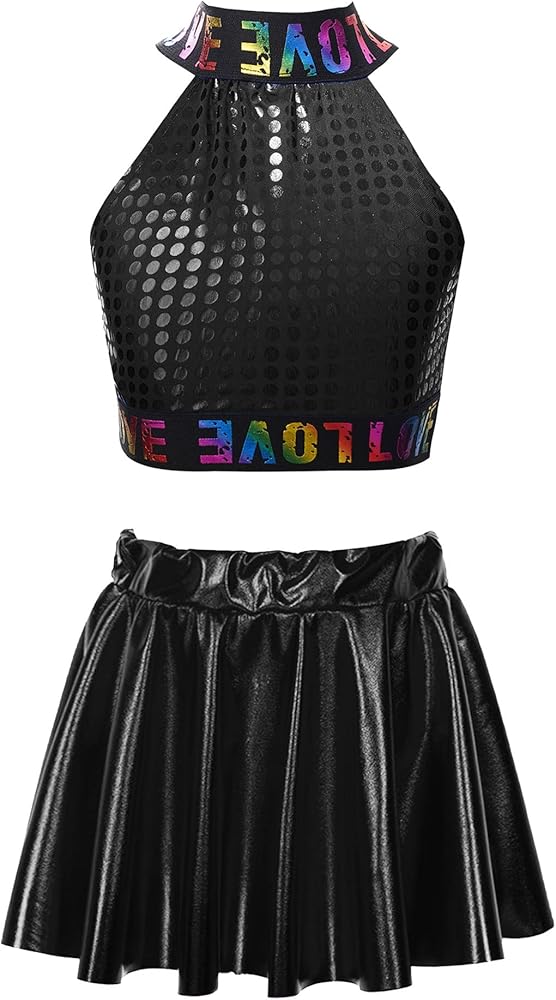 Kids Girls Sparkle Letters Printed Jazz Hip Hop Street Ballet Dance Crop Top with Shiny Metallic Skirt Set