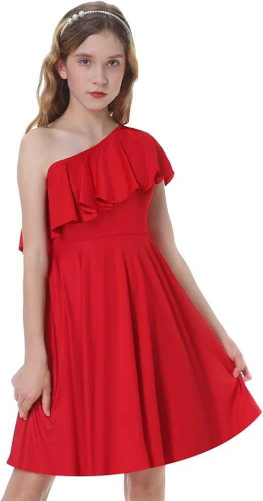 Mebius Girls Tween One Shoulder Ruffle Dresses with Pockets A-line Twirl Sleeveless Dress Party Special Occasion 8-14Y