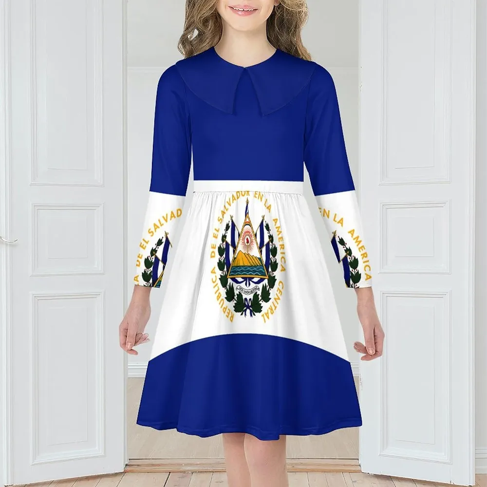 El Salvador Flag Girls Dress Long Sleeve Short Dress Swing Casual Party Dresses