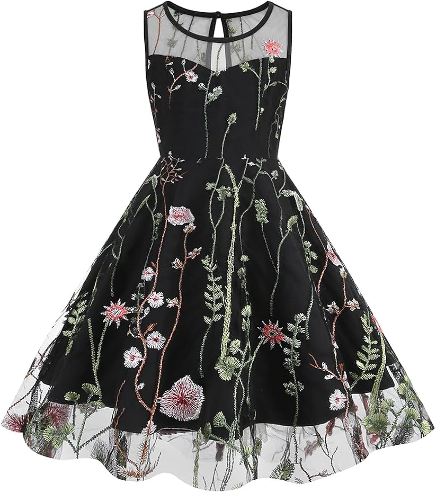 Kids Girls Sleeveless Mesh Floral Embroidery Dress Vintage A-line Cocktail Prom Party Princess Dresses