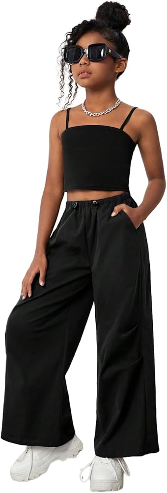 WDIRARA Girl's 2 Pieces Outfits Sleeveless Cami Top and Wide Leg Pants With Drawstring