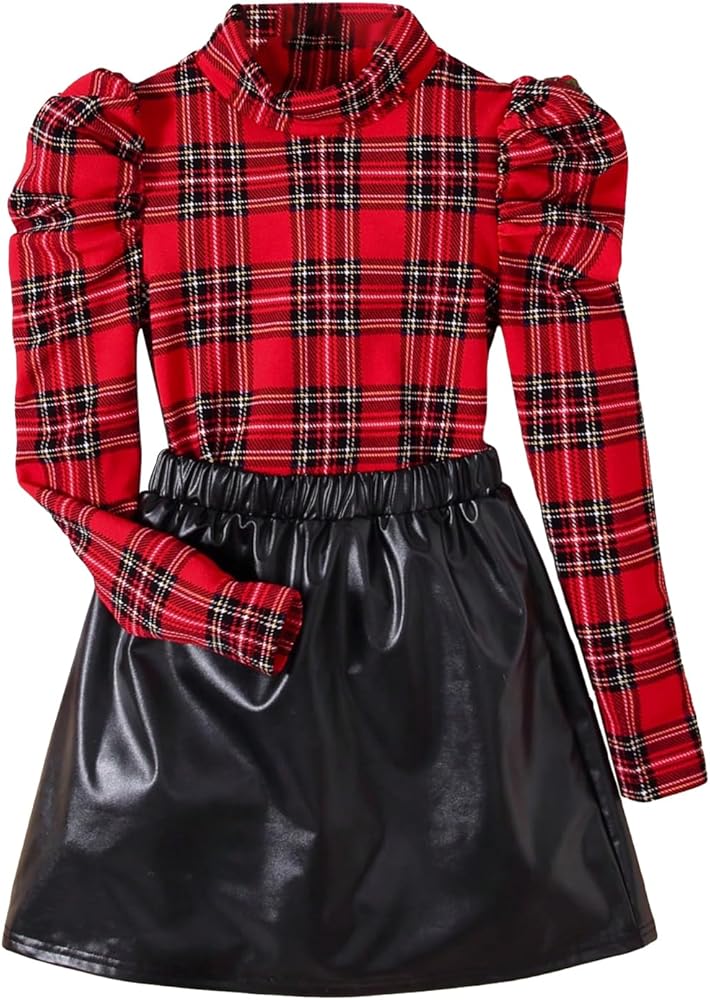 Milumia Girl's 2 Piece Outfits Plaid Mock Neck Puff Sleeve Tee and Leather Short Skirt Set