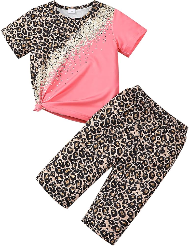 Young Girl Summer Leopard Print Round Neck Short Sleeve Casual T-Shirt And Shorts Set