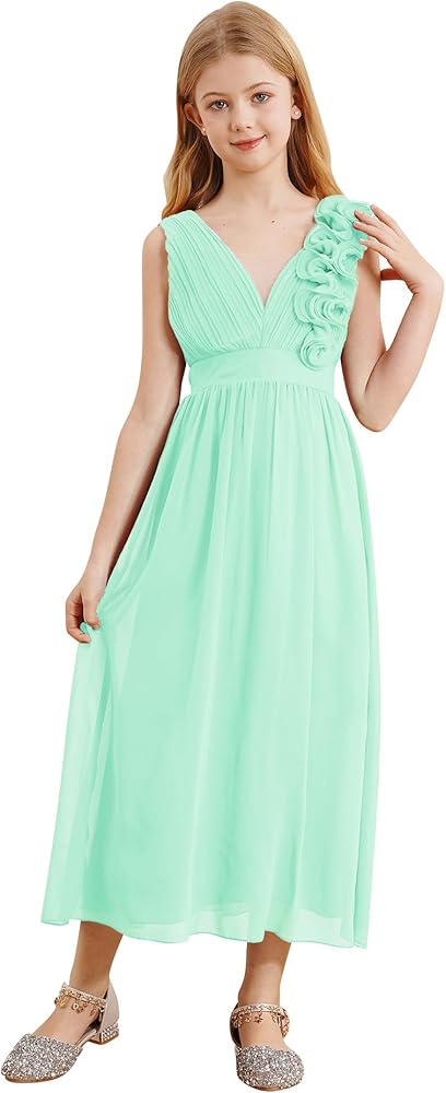 YiZYiF Kids Girl Ruffles V Neck Junior Bridesmaid Wedding Dress Sleeveless Long A-Line Summer Dresses