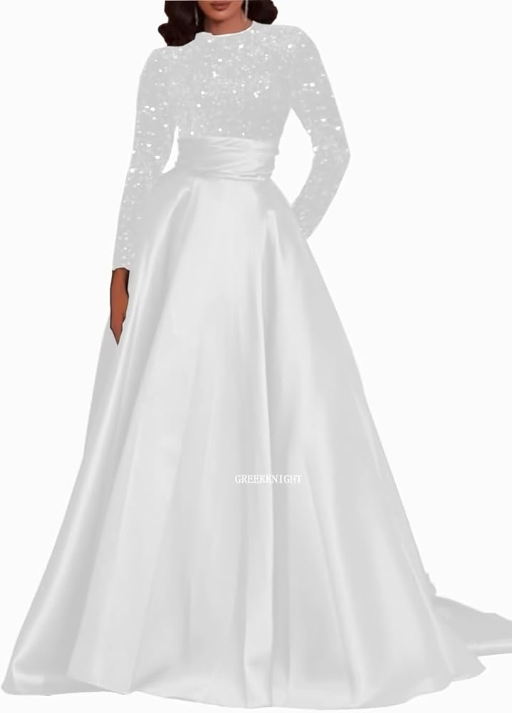 Long Sleeve Prom Dresses Sequin Satin Formal Gowns Round Neck Evening Dress A-Line Ball Gown with Pockets