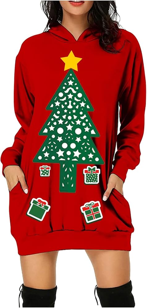 HHmei christmas dress Women's Christmas Colourblock Printed Women's Pullover Knee Length Sleeve Sweatshirt Dress