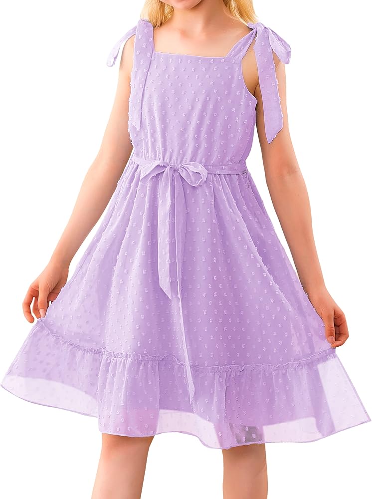 KANGKANG Casual Dresses for Girls Dot Print Sleeveless Straps A-Line Flowy Sundress with Belt Girls' Dresses