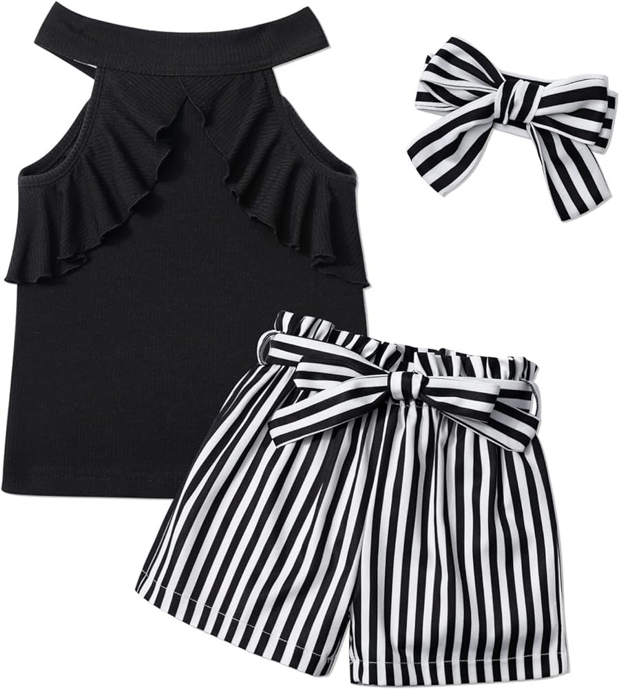 MIGU Toddler Girl Clothes Summer Silk Scarf Sets Sleeveless T-shirt Top+Stripe Shorts+Headband 3Pcs Set