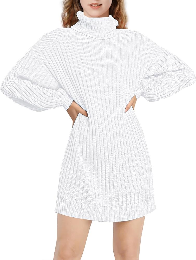 Mebius Girls Sweater Dress Turtleneck Lantern Long Sleeve Loose Fall Winter Christmas Casual Knit Ribbed Dress