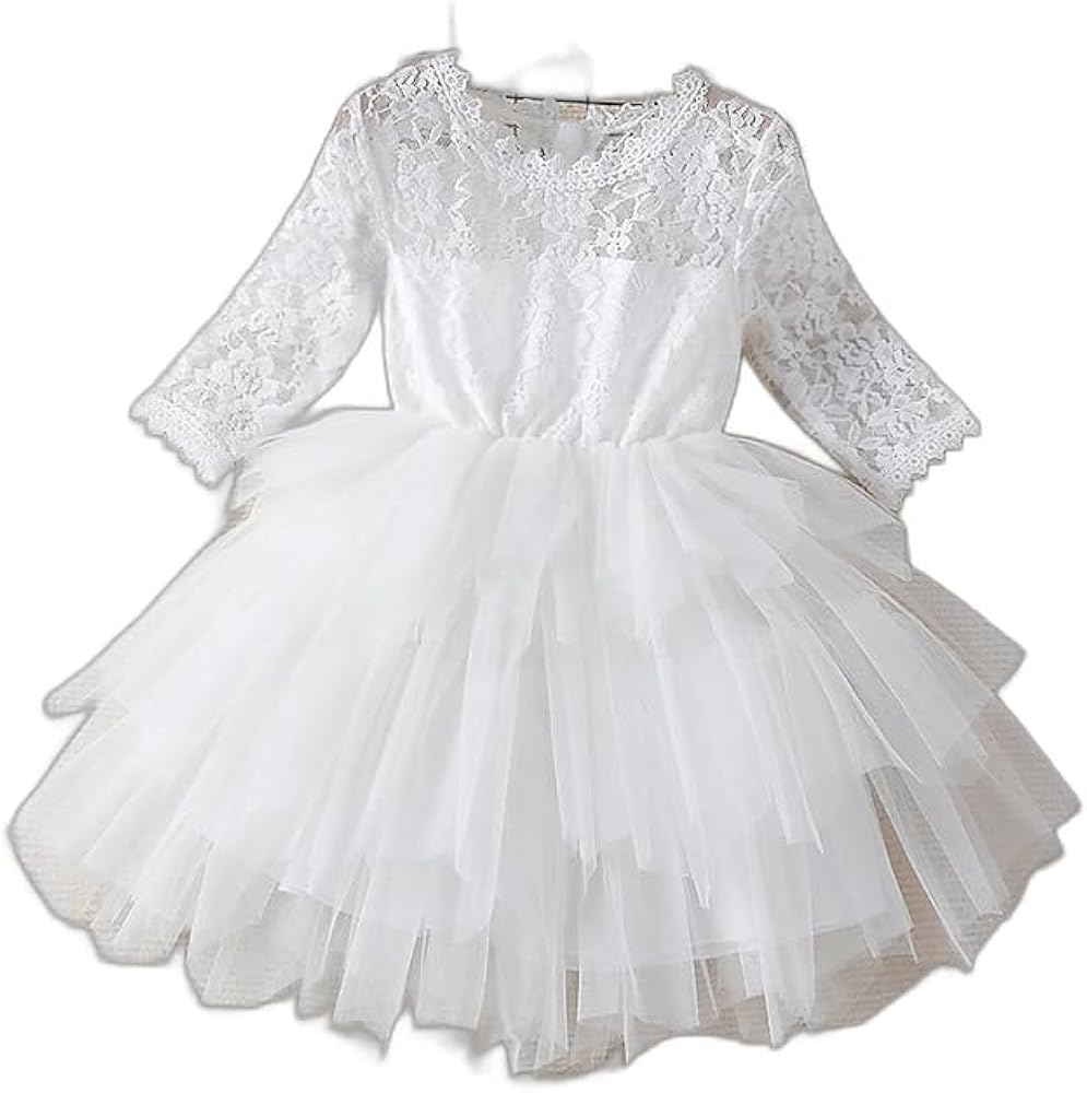 Kids Girls' Dress Solid Color 3/4 Length Sleeve Formal Party Lace Mesh Cute Polyester