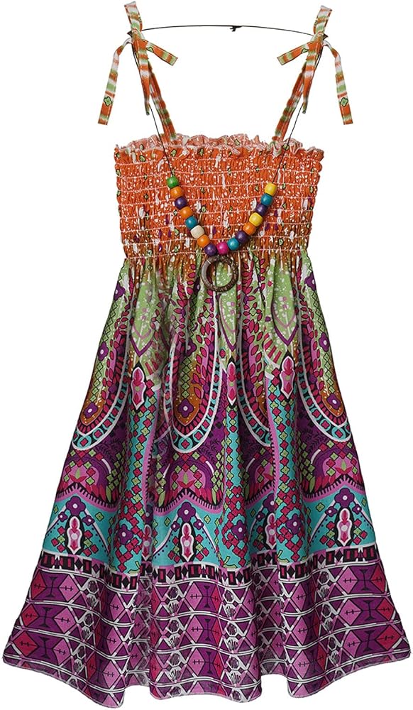 easyforever Kids Little Girls Bohemian Dress Floral Sleeveless Suspender Dress Beach Sundress with Necklace