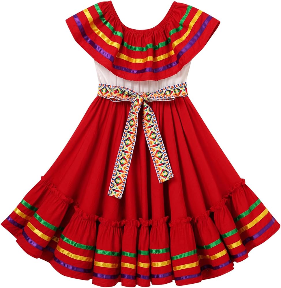 Mexican Dress for Girls Embroidered Traditional Mexican Dress with Belt Cinco de Mayo Fiesta Birthday Party Dresses