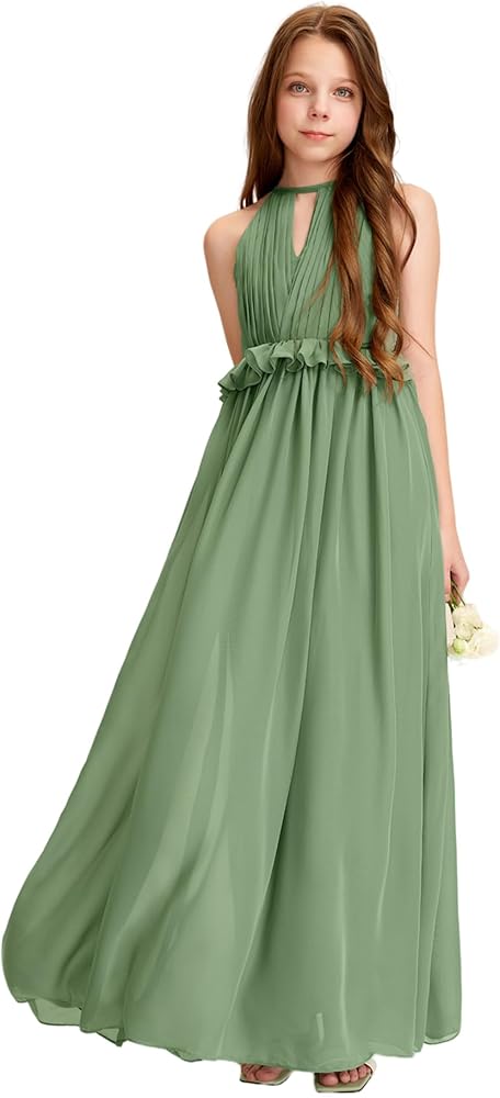 Junior Bridesmaid Dress, Girls' Special Occasion Dresses, Formal Dress A-line Halter Floor-Length Chiffon Party Pageant Gown