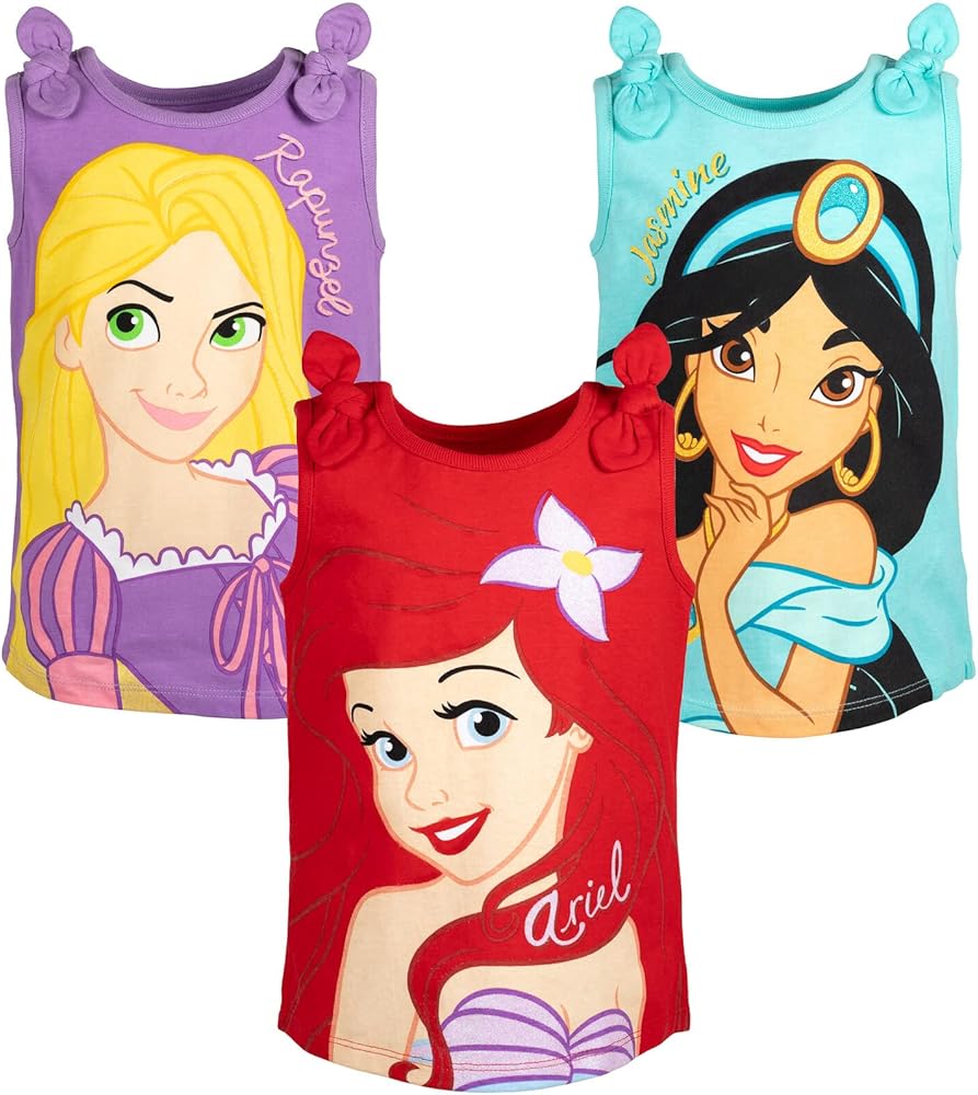 Disney Princess Cinderella Belle Moana Ariel Rapunzel Jasmine Baby Girls 3 Pack Tank Tops Infant to Little Kid