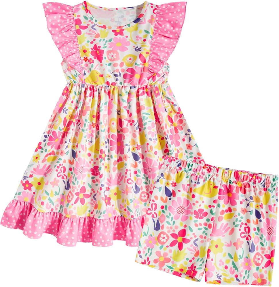 Enlifety 2-6T Toddler Girls Summer Dress Ruffle Sleeve Casual Dresses with Matching Shorts