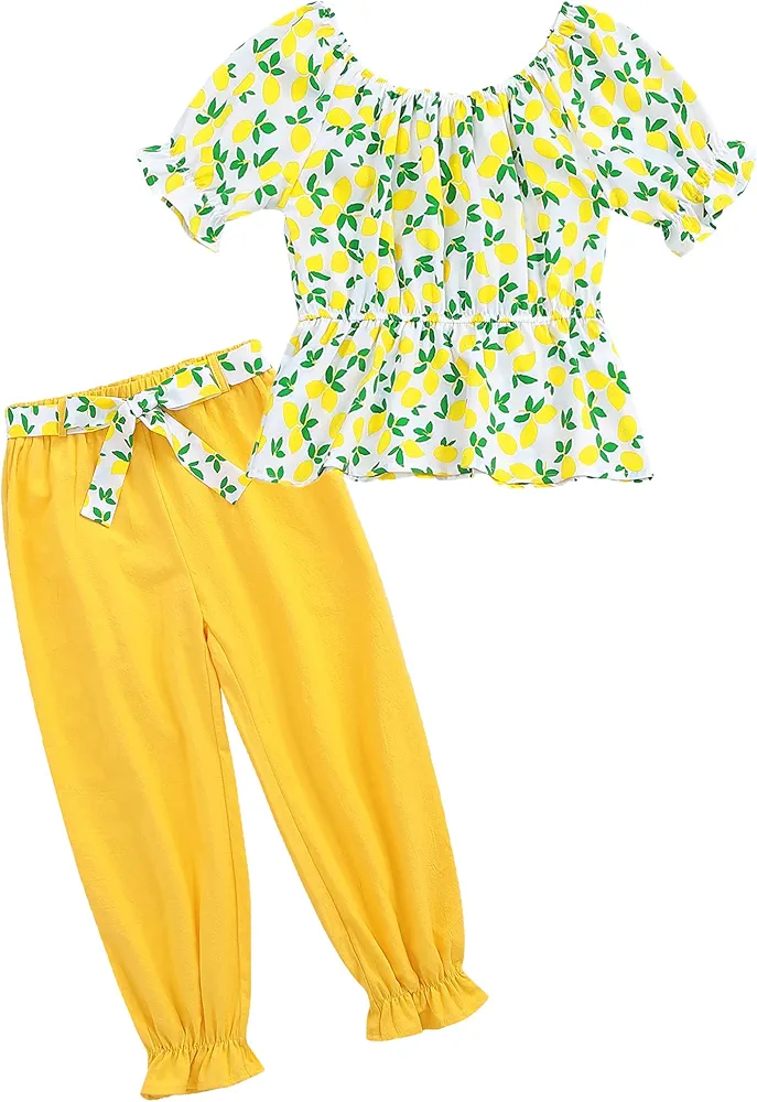 Girls Clothing Set 2 Pcs Floral Soft Tunic Top + Cropped Pants with 2 Pockets Clothing Sets 9-10 Years