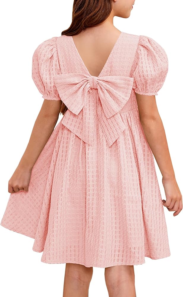 YOVION Girls Summer Puff Sleeve A-Line Flared Backless Casual Party Midi Dress for 6-12 Years with Bowknot