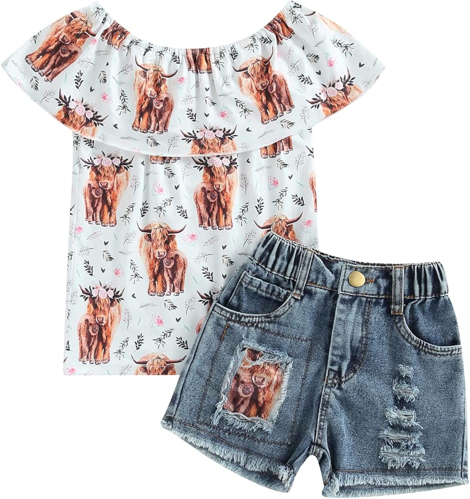 Ledy Champswiin Toddler Girl Summer Clothes Set Floral T-shirts+Denim Shorts 1T 2T 3T 4T 5T 6T Kids Girl Outfits