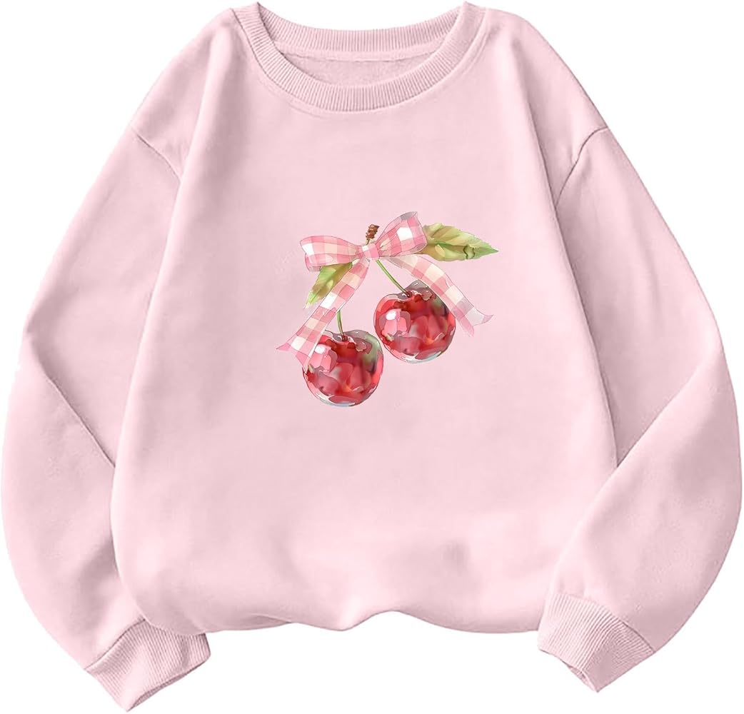 Woman Oversized Casual Sweatshirt Cute Bowtie Cherry Print Pullovers Fall Trendy Pink Long Sleeve Crewneck Outfits