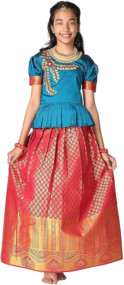 Kids Girls Pattu Pavadai | Lehenga Choli Set South Indian Traditional Wide Zari Embroidered Ethnic Wear 1-10 Years