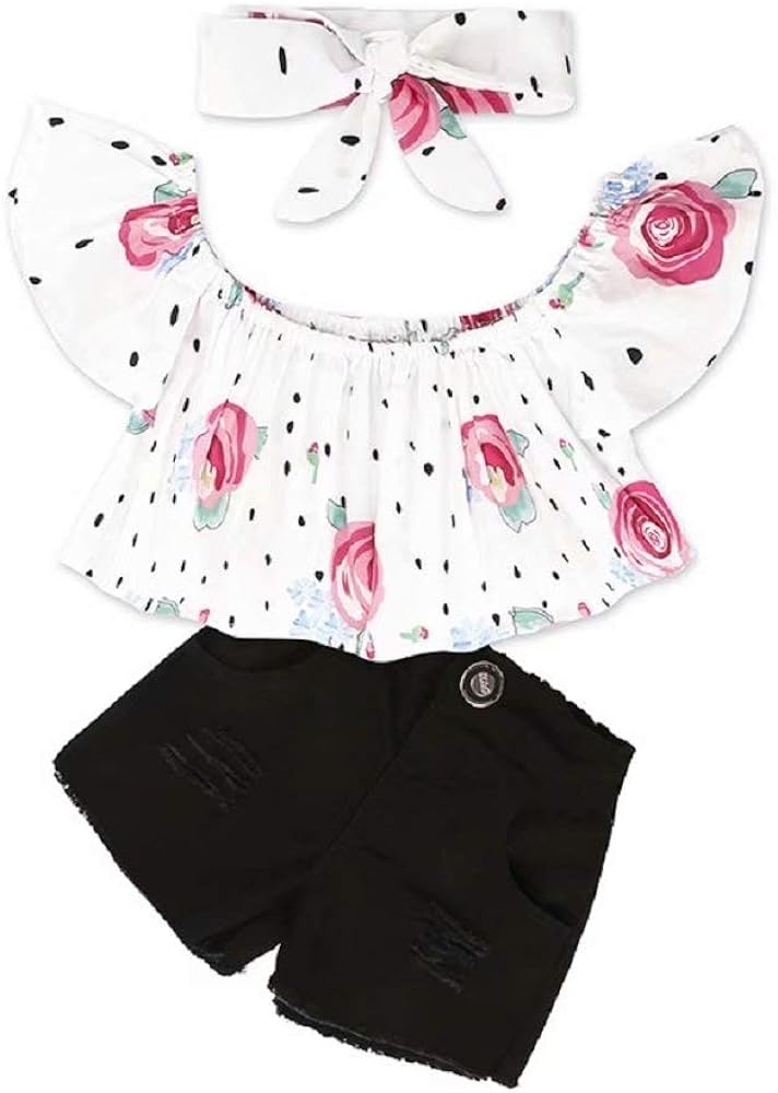 Kids Girls Fashion Outfit Set One Shoulder T-Shirt Tops+Ripped Jeans Shorts+Headband Floral Dot Tops