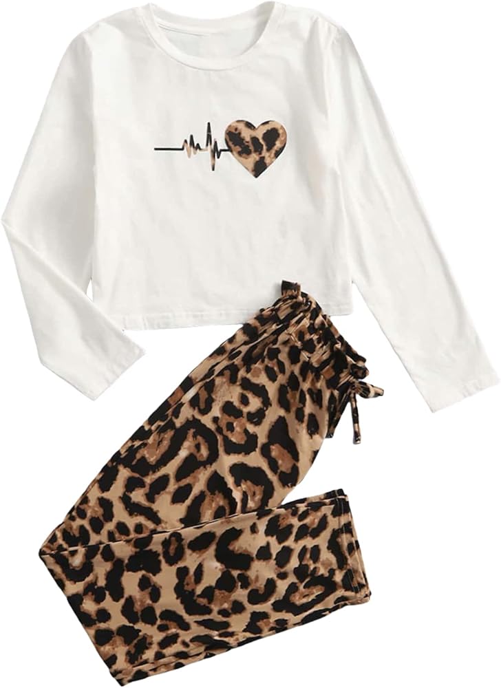 OYOANGLE Girl's 2 Piece Outfit Heart Print Long Sleeve Round Neck Top and Leopard Paperbag Waist Pants Set