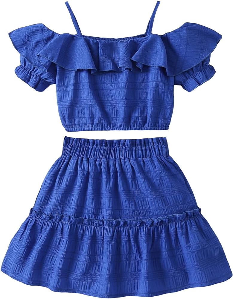 Milumia Girl's 2 Piece Outfits Cold Shoulder Ruffle Trim Short Sleeve Crop Top and Flared Skirt Set