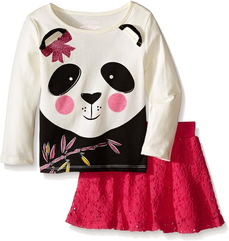 Girls' 2pc Set-Long Sleeve Panda 3D Top with Lace Skirt