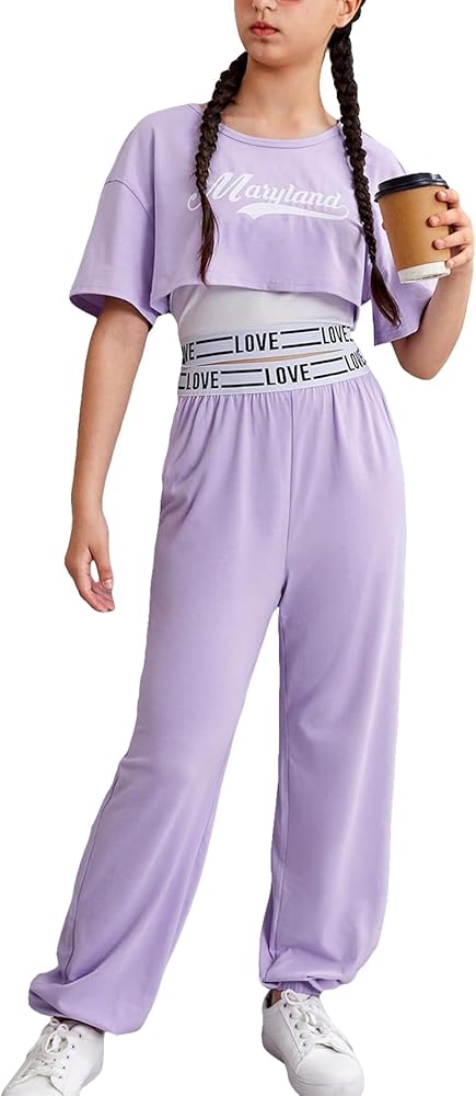 Verdusa Girl's 3 Piece Outfits Letter Print Tank Crop Top and Jogger Sets