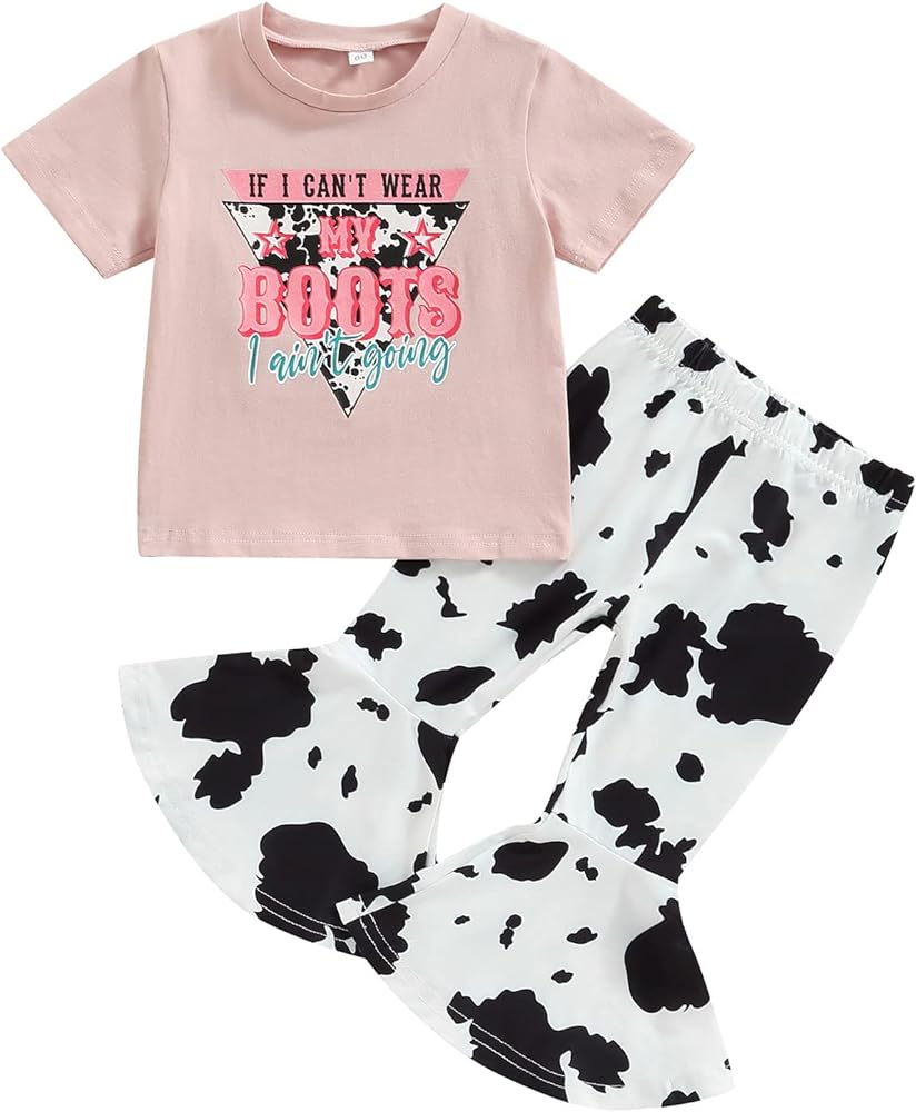 Toddler Kids Girls Clothes Sets Cow Print Long Sleeve Sweatshirt Pullover Flare Pants 2Pcs Fall Winter Outfits