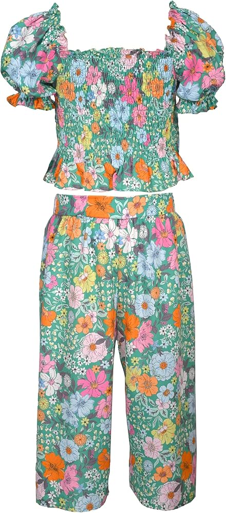 Bonnie Jean Girls 4-16 Green Bright Floral Smocked Top Cropped Pant Set