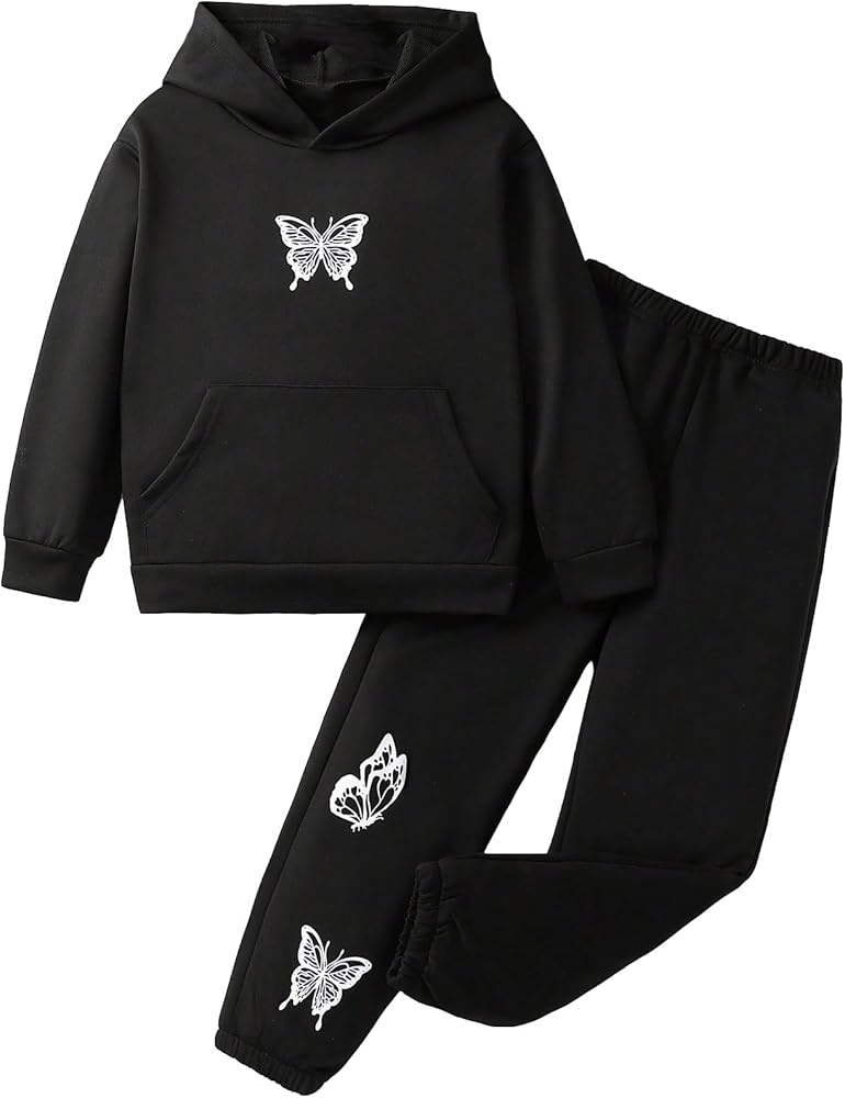 WDIRARA Girl's 2 Piece Outfits Butterfly Print Kangaroo Pocket Long Sleeve Hoodie and Sweatpants Set