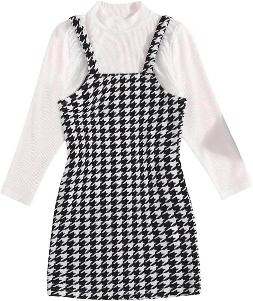 WDIRARA Toddler Girl's 2 Piece Outfit Houndstooth Print Cami Dress and Long Sleeve Tops Set