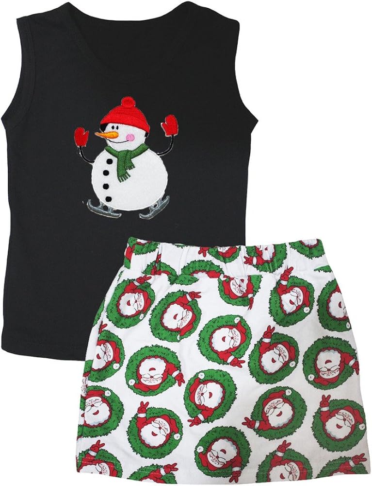 Petitebella Xmas Snowman Black Vest Santa Claus White Skirt Set 1-8y