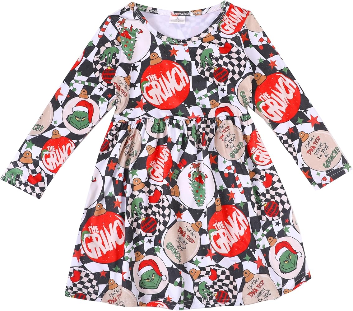 Christmas Halloween Toddler Girls Dress Green Ghosts Dress Twirl Long Sleeve Winter Dress 4-5T