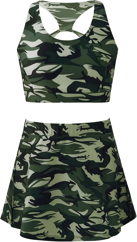 Kids Girls 2Pcs Dance/Sports/Swim Outfit Camouflage Crop Top with Tennis Skorts Workout Activewear