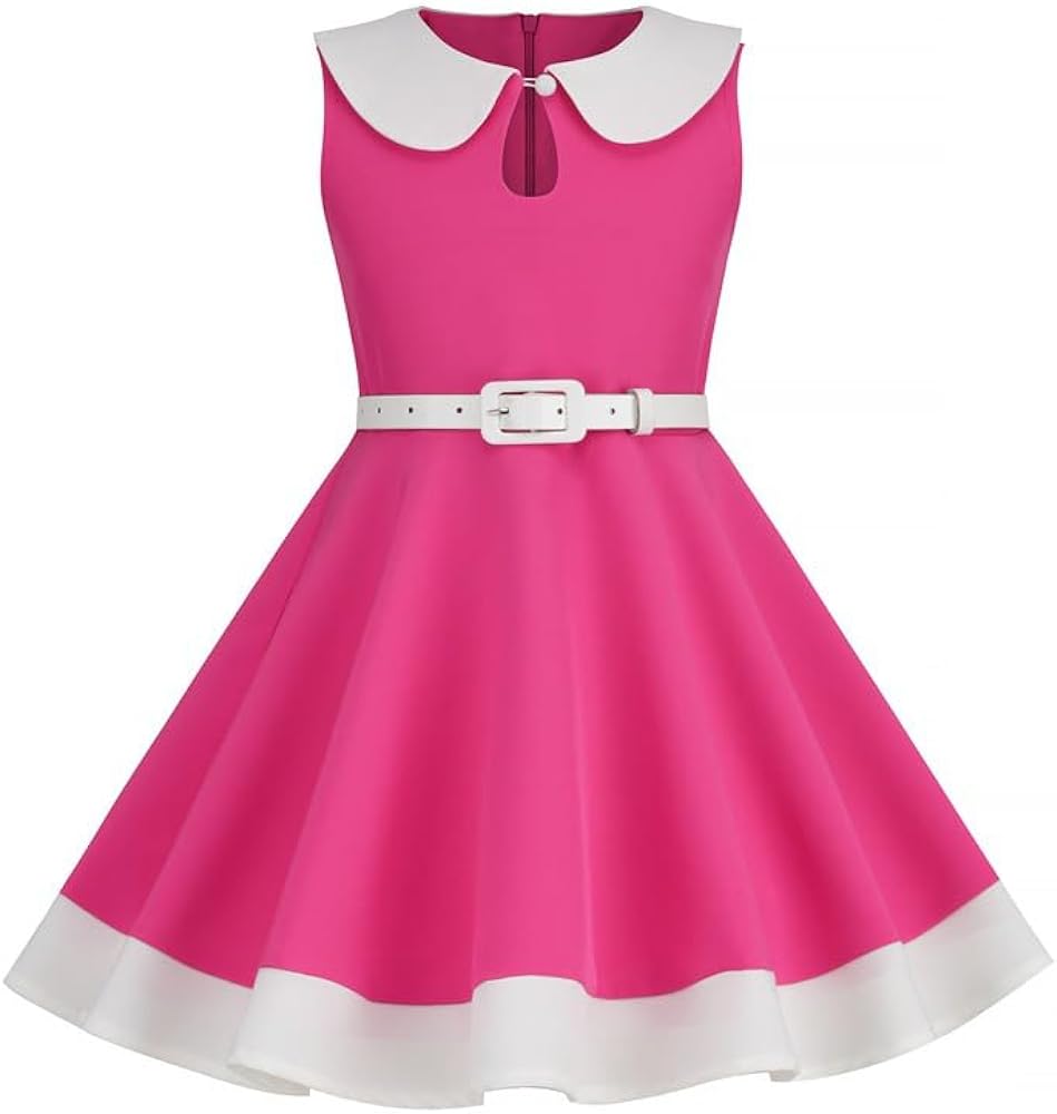 Girls Vintage Dresses Audrey 50's Retro Dress Sleeveless Party Outfit with Belt Peter Pan Collar Dress