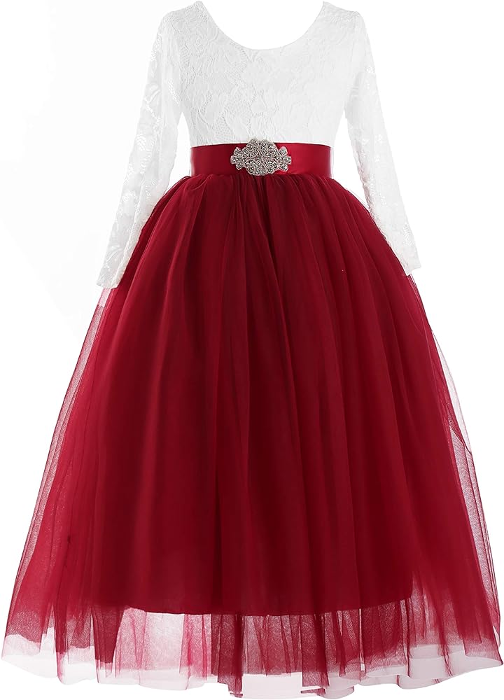 Glamulice Lace Sleeve Flower Girl Dress A-Line Straight Tutu Tulle Backless Princess Puffy Dresses Party Pageant Gown