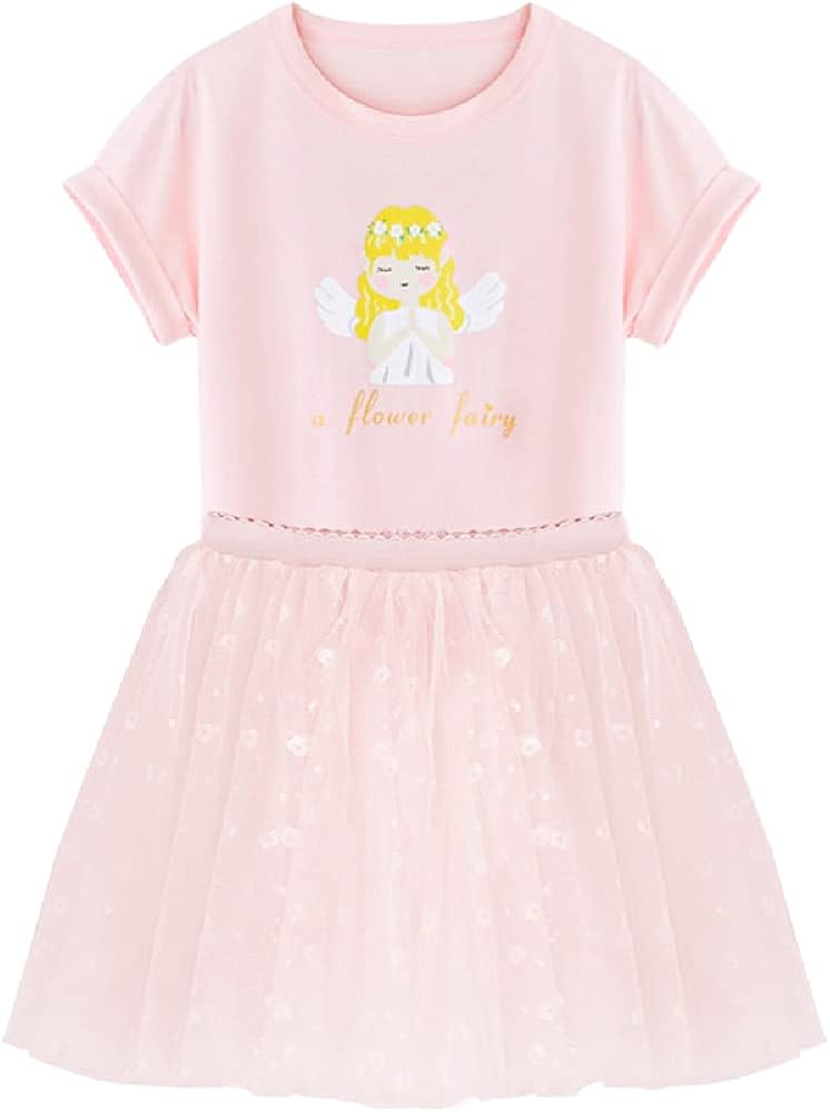 Quenny Cute Summer Children's Suits,Girls' Cartoon Printed Letter T-Shirts and mesh Skirt Two Pieces.