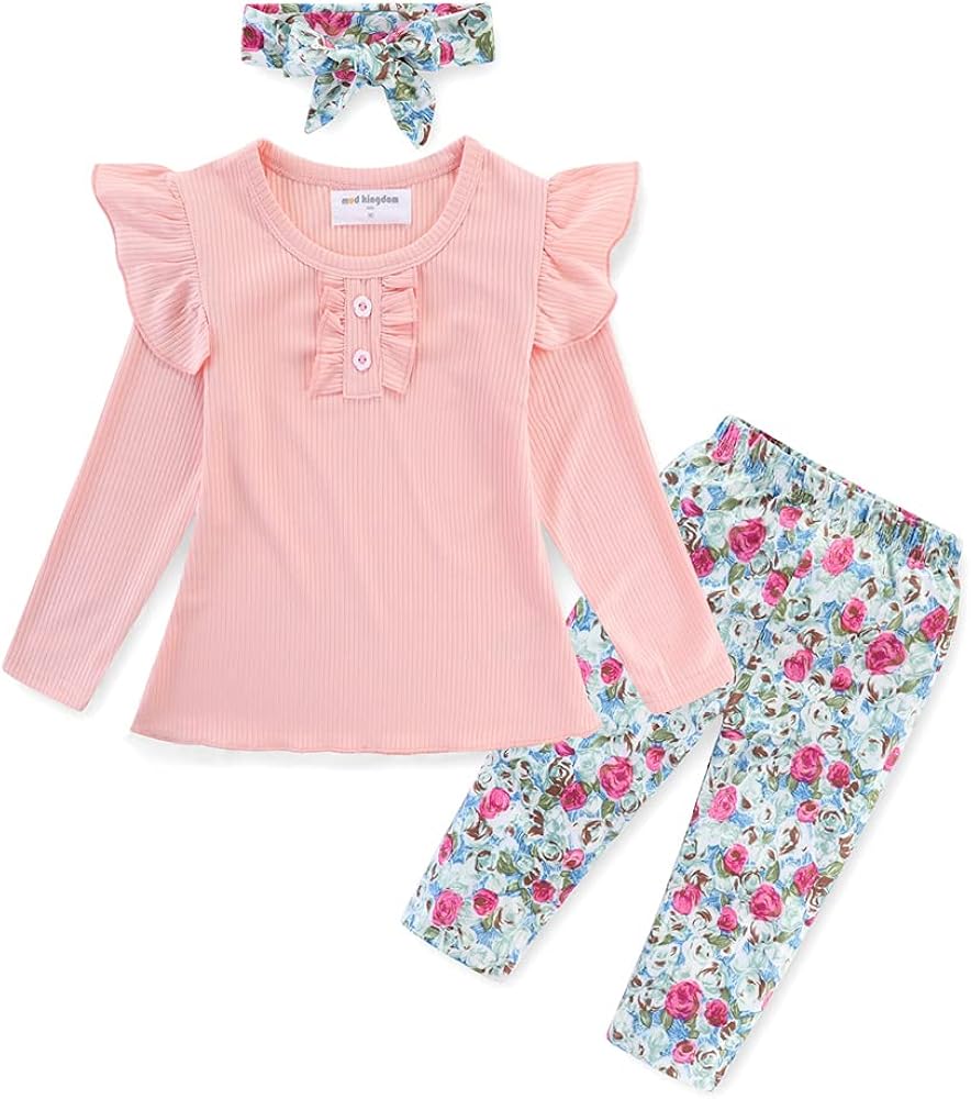 Mud Kingdom Rib Little Girls Outfit with Headband Ruffle Sleeve Tops and Floral Pants Set 3 Piece