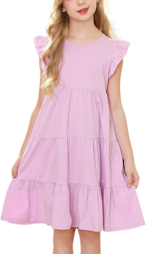 KISSOURBABY Girl's Summer Dresses Cotton Ruffled Sleeves Tiered Swing Sundress with Pockets