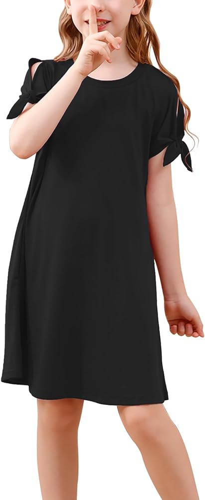 GORLYA Girls Cut Shoulder Split Sleeve Tie Knot Cuff Casual A-Line Shift Midi Dress with Pockets 4-14Y