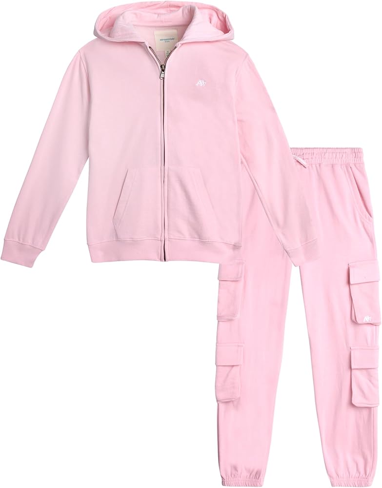 AEROPOSTALE Girls' Pants Set - 2 Piece Fleece Front Zip Up Hoodie and Fleece Cargo Jogger Pants - Sweatsuit for Girls (4-16)