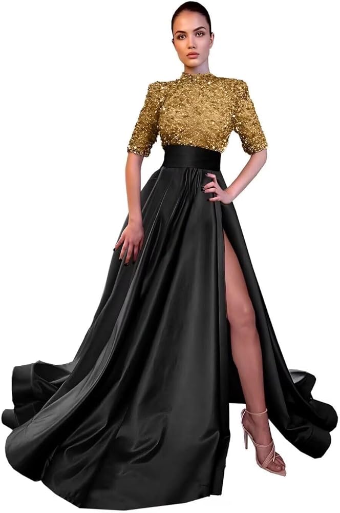 Guramisi Satin Sequins Glitter Prom Dresses Slit High-Neck A Line Formal Evening Party Gowns for Women