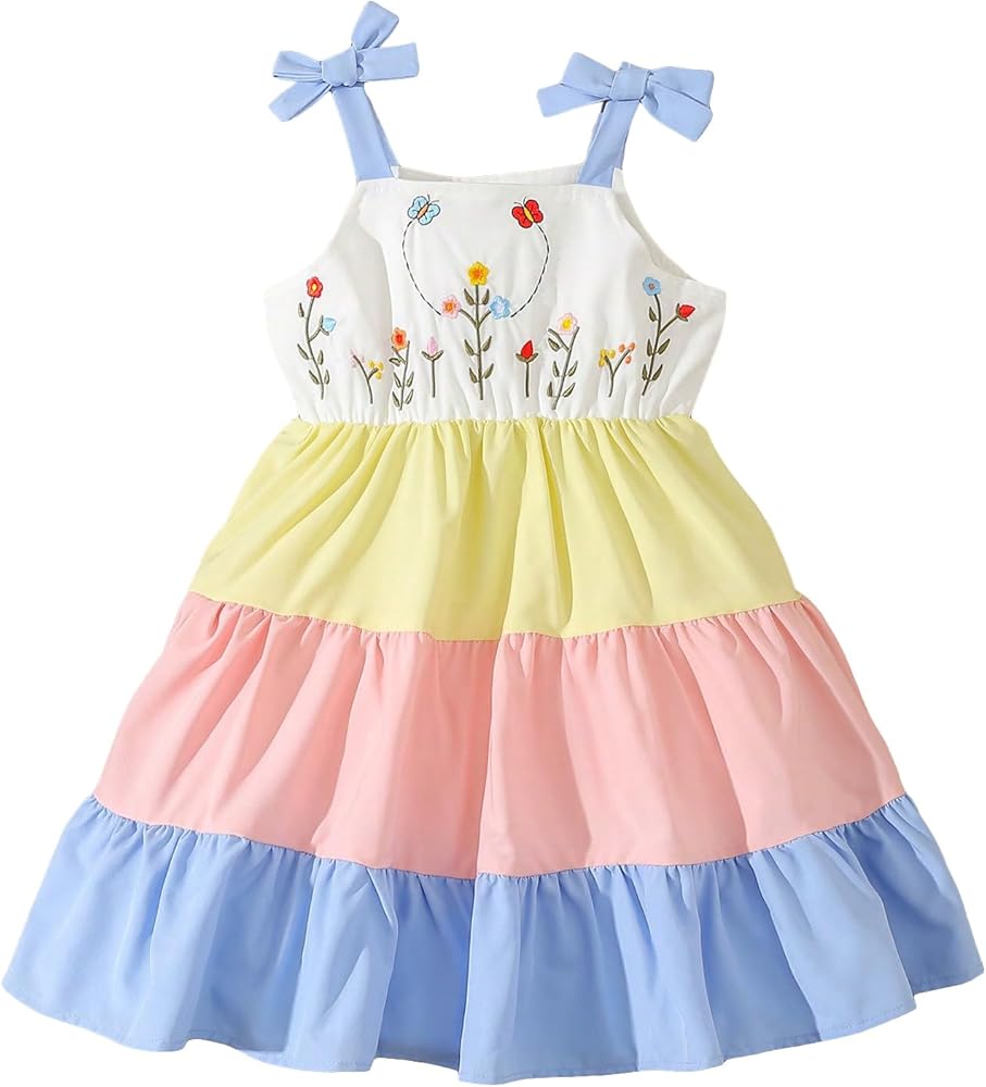 OYOANGLE Girl's Floral Embroidered Short Dress Colorblock Bow Shoulder High Waist A Line Short Dresses