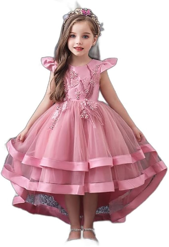 Kids Little Girls' Dress Solid Colored Layered Dress Wedding Party Beaded Embroidered