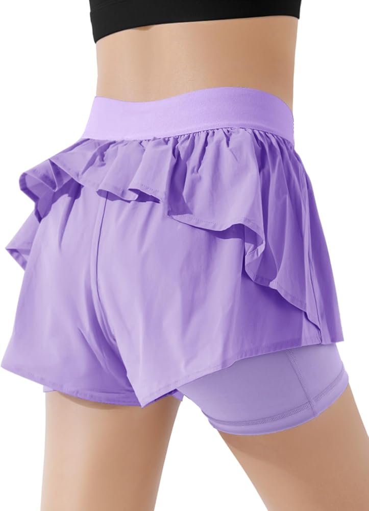 Girls Ruffle 2-in-1 Athletic Shorts Kids Gym Skorts Butterfly Skirts 5-14 Years