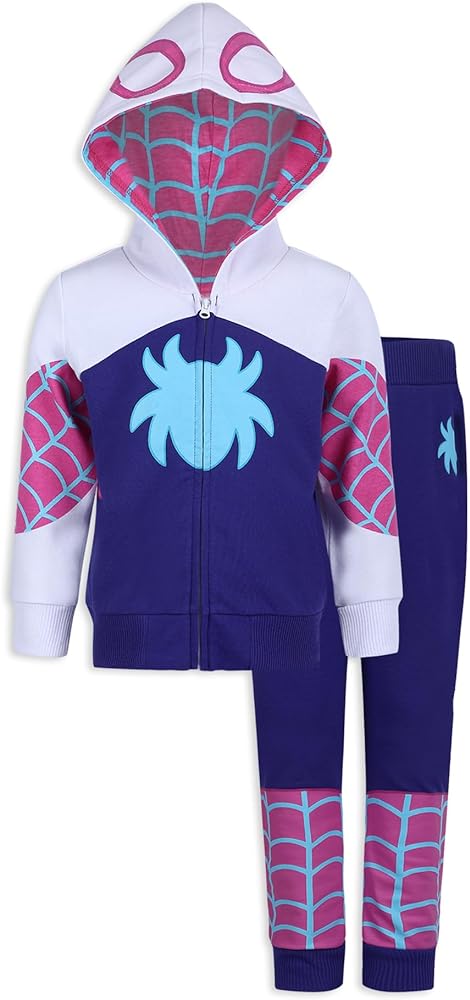 Marvel Girls Spider-Gwen Ghost Spider Zip Up Hooded Sweatshirt and Pants Set for Toddlers – Purple/White