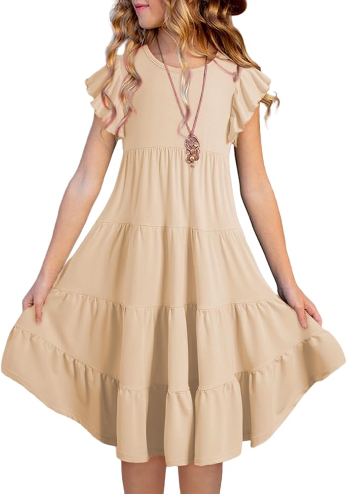 blibean Girl 2024 Summer Boho Sun Dress Ruffled Pockets Dresses Size 6-15 Years