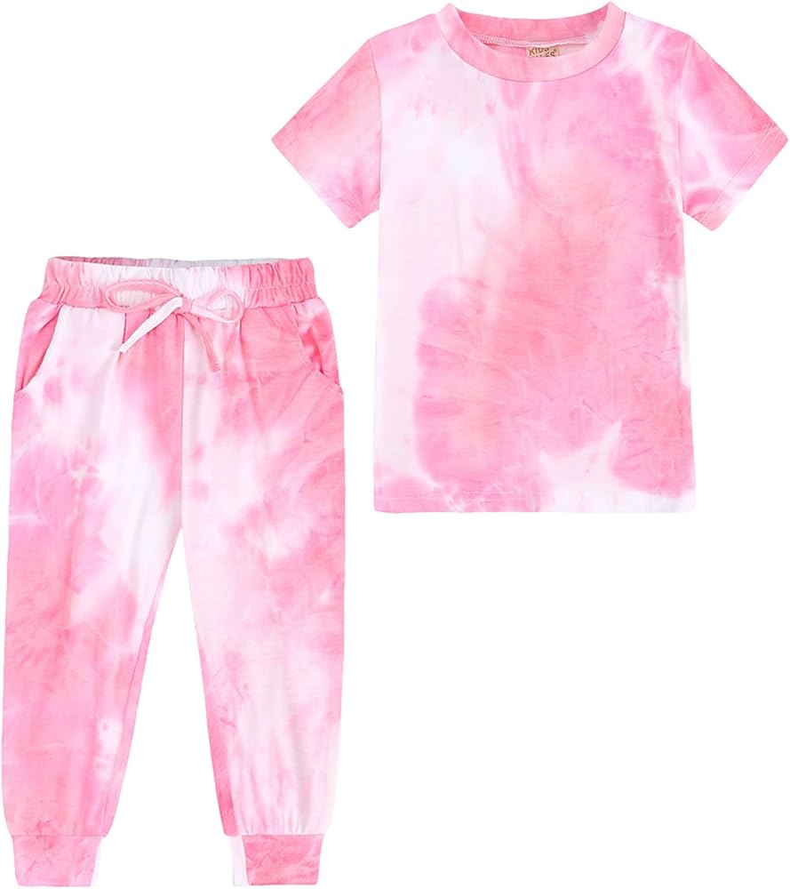 Toddler Little Girls Clothing Set 2 Piece Tie Dye Sports Outfits Kids Short Sleeve T-Shirt + Sweatpants with Pockets